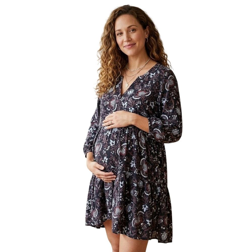 A PEA IN THE POD Hi Low Tiered Maternity Tunic Navy Red SZ M
